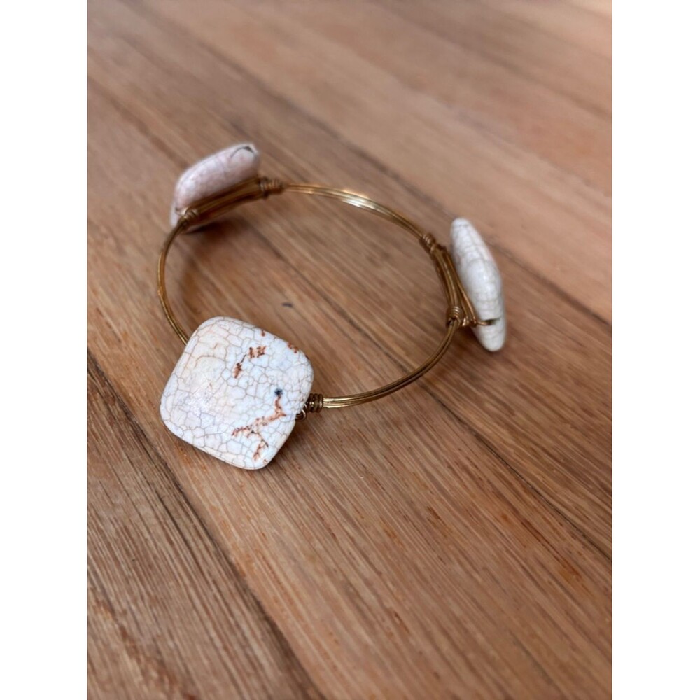 Handmade Wire Wrapped Bracelet Gold Tone with Cream/Brown Stones Bohemian Bangle